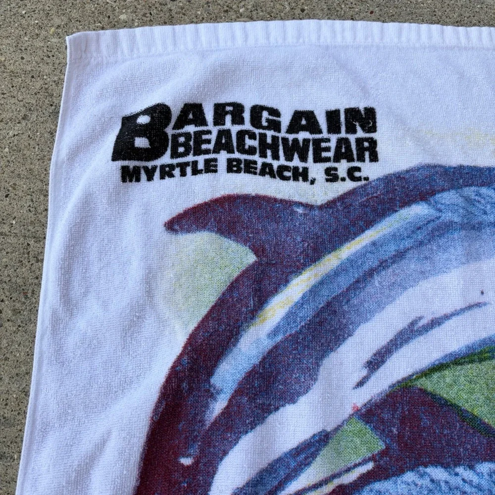 Vintage Sherry Mfg Myrtle Beach Dolphin Cotton Beach Towel White Blue Graphic